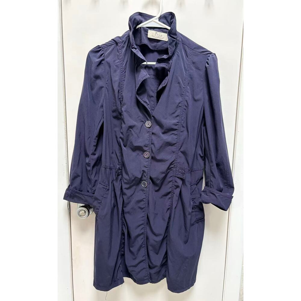 Navy Blue Ruffle Neck Bubble Hem Trench Coat Dress Jacket M - Picture 2 of 11